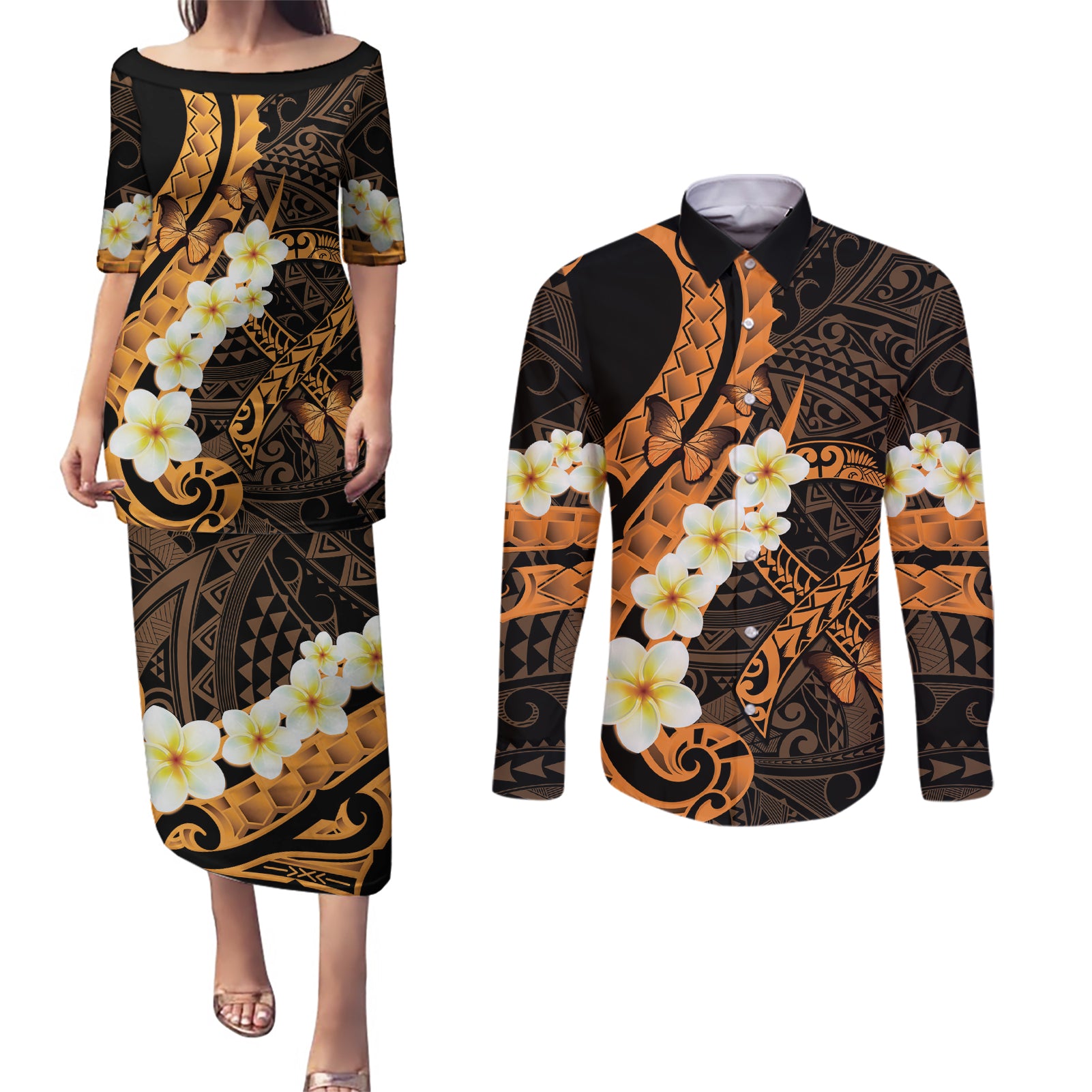 Liver Cancer Awareness Month Couples Matching Puletasi and Long Sleeve Button Shirt Awareness Is Key Orange Polynesian Ribbon