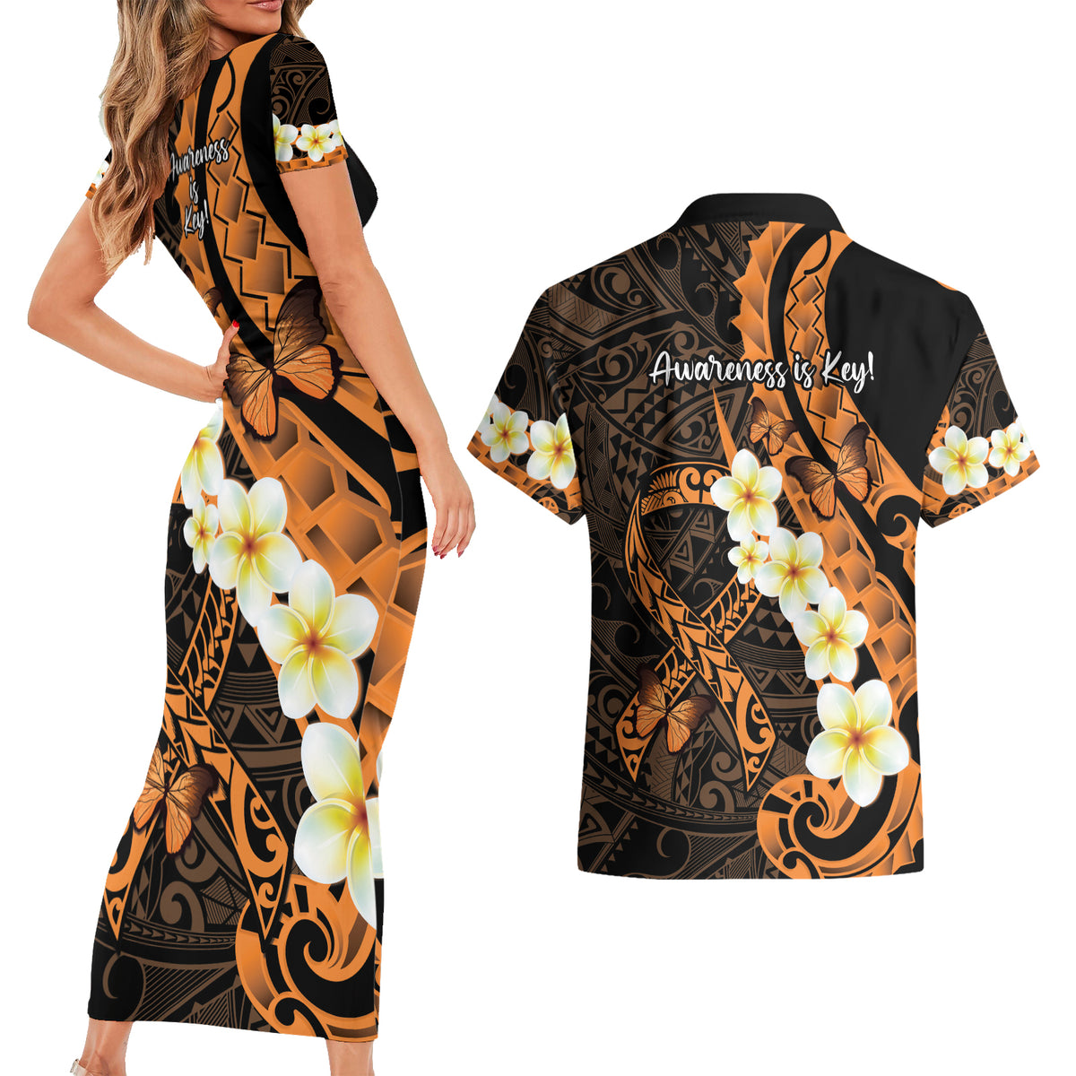 Liver Cancer Awareness Month Couples Matching Short Sleeve Bodycon Dress and Hawaiian Shirt Awareness Is Key Orange Polynesian Ribbon LT14 - Polynesian Pride