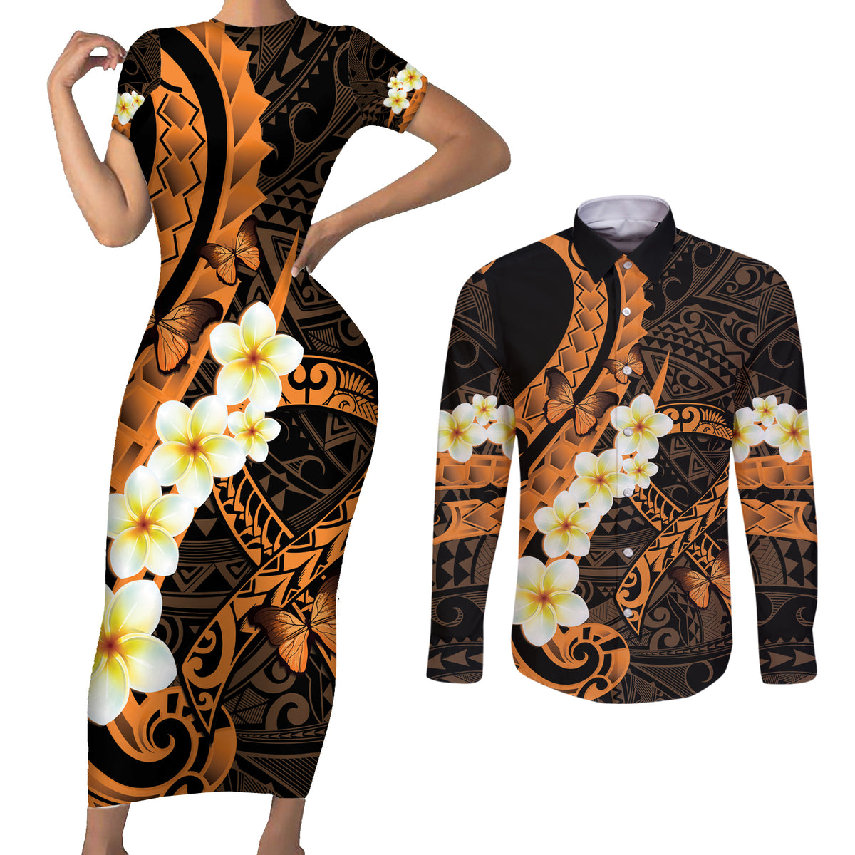 Liver Cancer Awareness Month Couples Matching Short Sleeve Bodycon Dress and Long Sleeve Button Shirt Awareness Is Key Orange Polynesian Ribbon LT14 Orange - Polynesian Pride