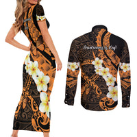 Liver Cancer Awareness Month Couples Matching Short Sleeve Bodycon Dress and Long Sleeve Button Shirt Awareness Is Key Orange Polynesian Ribbon LT14 - Polynesian Pride