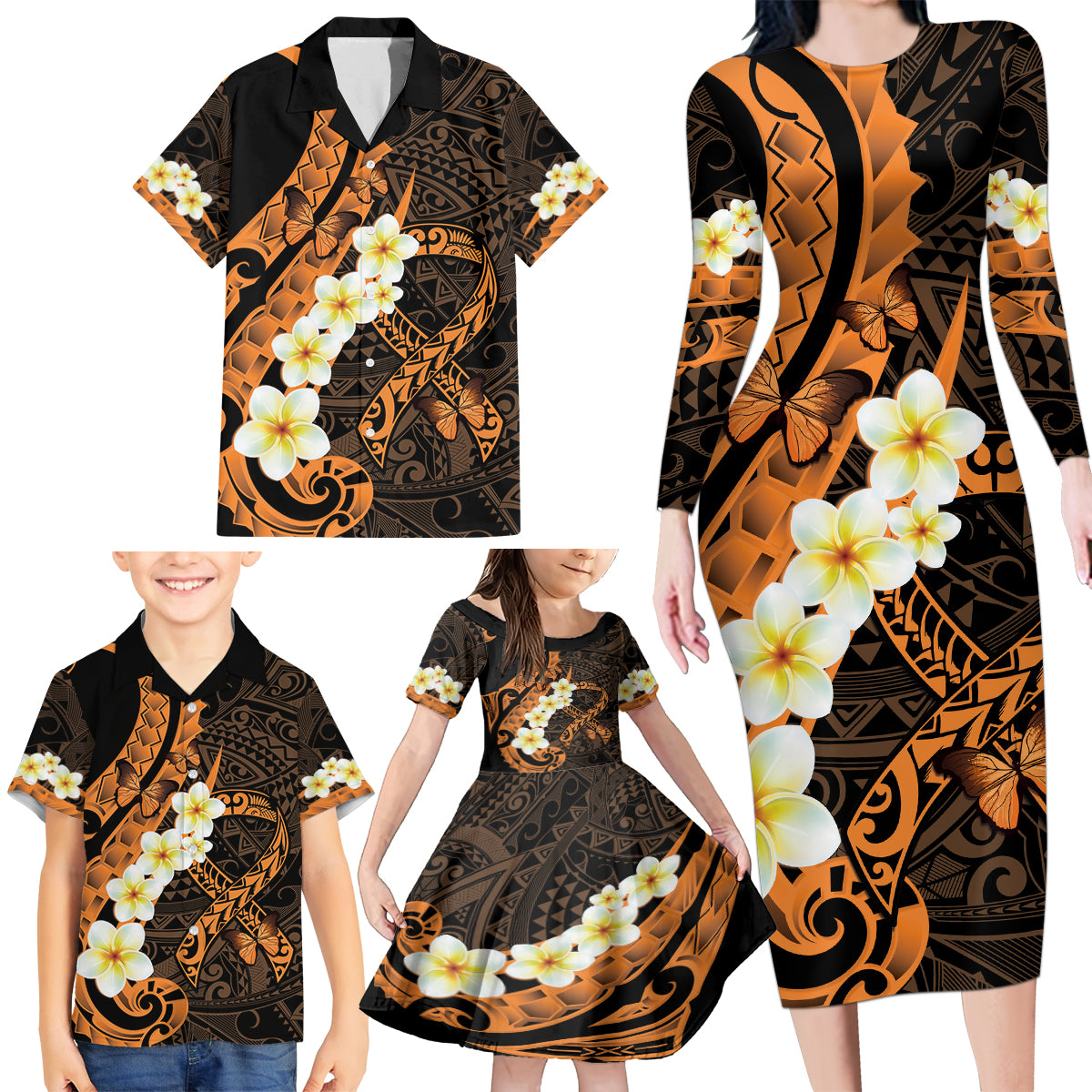 Liver Cancer Awareness Month Family Matching Long Sleeve Bodycon Dress and Hawaiian Shirt Awareness Is Key Orange Polynesian Ribbon LT14 - Polynesian Pride