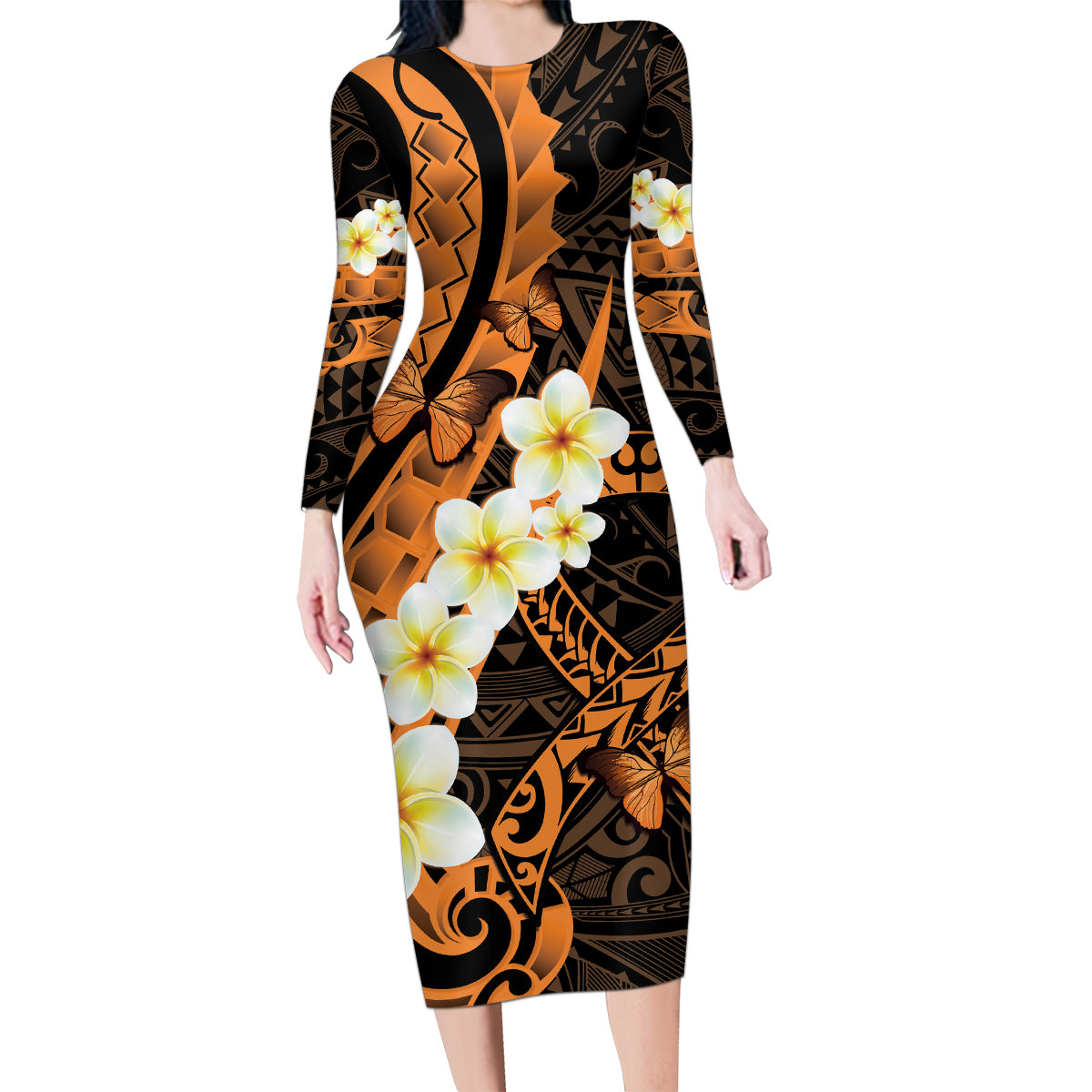 Liver Cancer Awareness Month Family Matching Long Sleeve Bodycon Dress and Hawaiian Shirt Awareness Is Key Orange Polynesian Ribbon LT14 Mom's Dress Orange - Polynesian Pride
