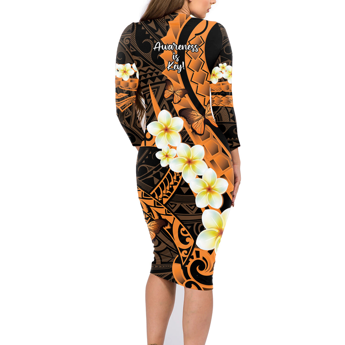 Liver Cancer Awareness Month Family Matching Long Sleeve Bodycon Dress and Hawaiian Shirt Awareness Is Key Orange Polynesian Ribbon LT14 - Polynesian Pride