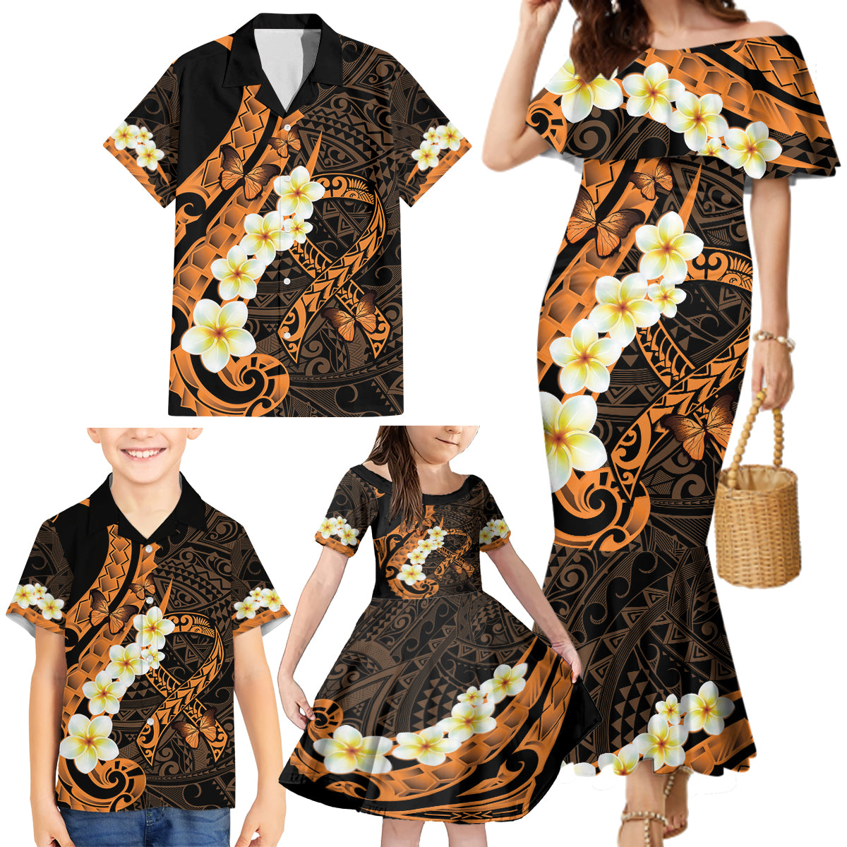 Liver Cancer Awareness Month Family Matching Mermaid Dress and Hawaiian Shirt Awareness Is Key Orange Polynesian Ribbon LT14 - Polynesian Pride