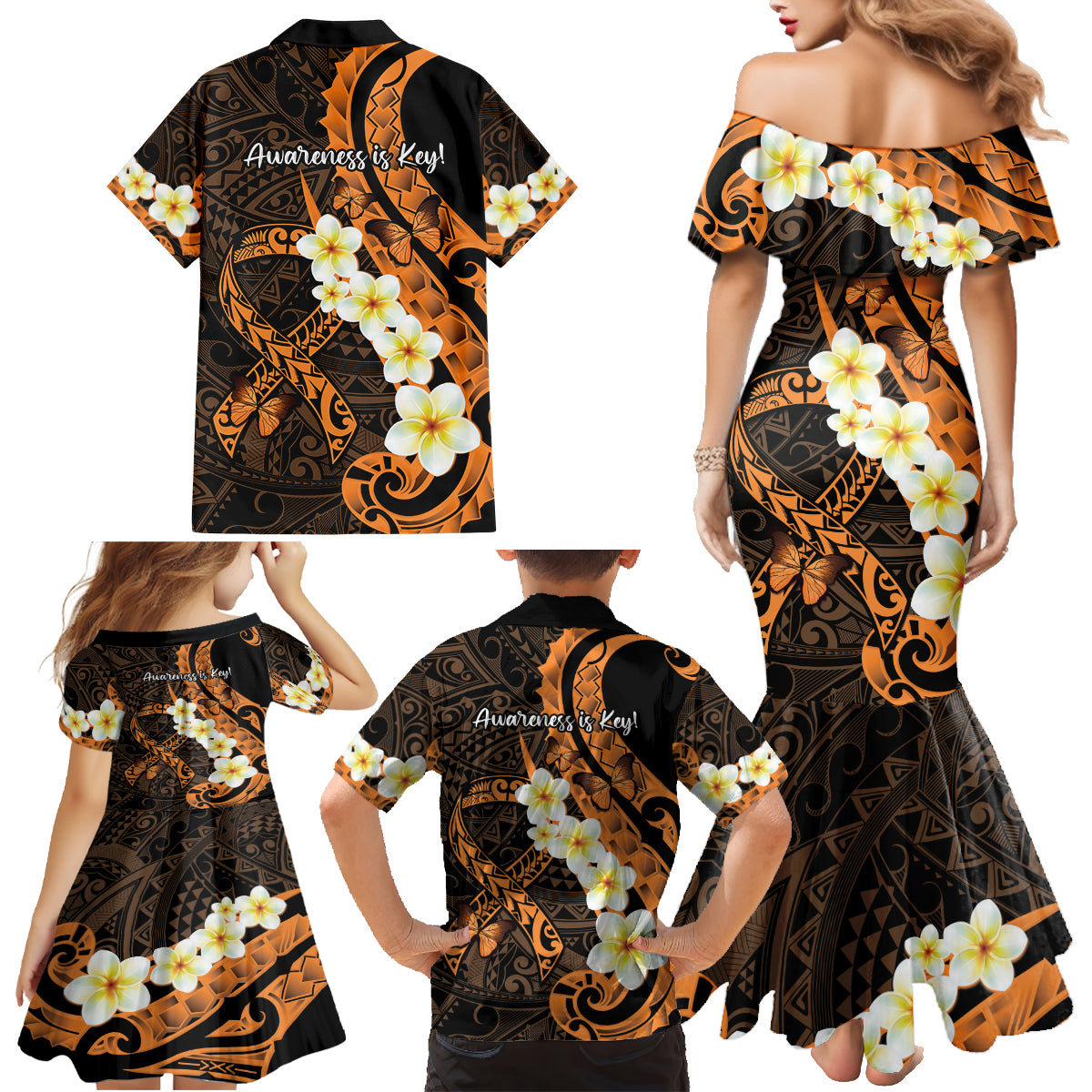 Liver Cancer Awareness Month Family Matching Mermaid Dress and Hawaiian Shirt Awareness Is Key Orange Polynesian Ribbon LT14 - Polynesian Pride