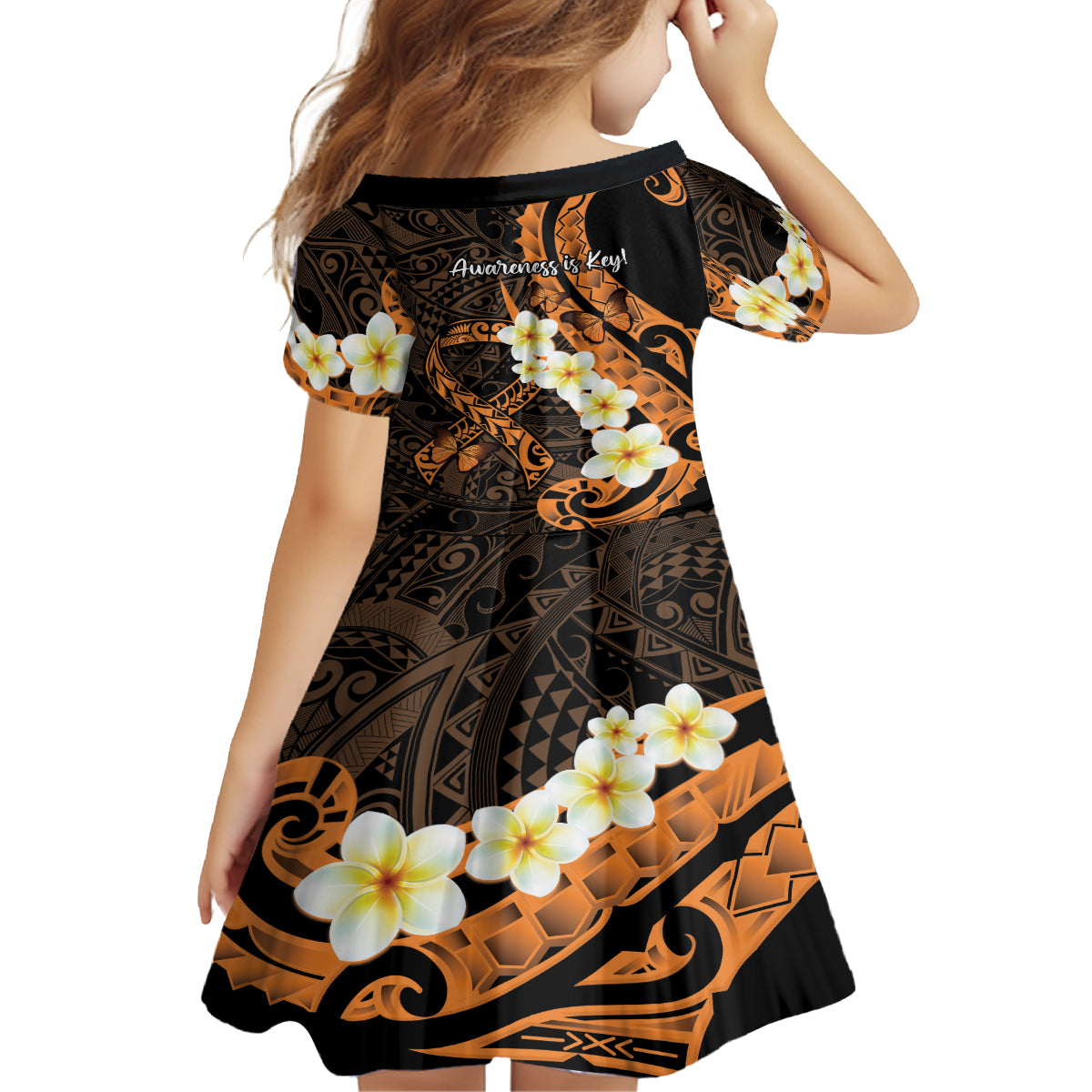 Liver Cancer Awareness Month Family Matching Off The Shoulder Long Sleeve Dress and Hawaiian Shirt Awareness Is Key Orange Polynesian Ribbon LT14 - Polynesian Pride