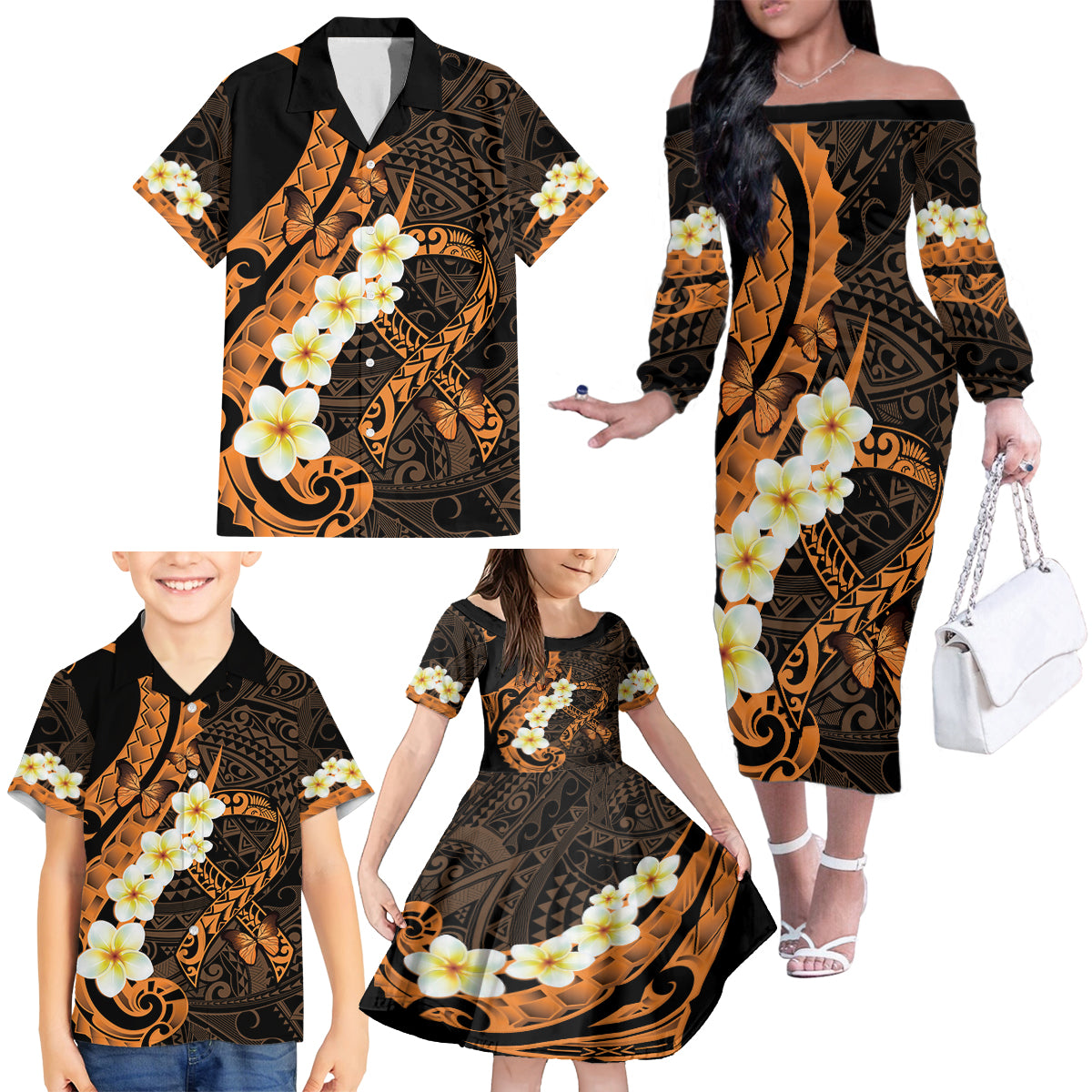 Liver Cancer Awareness Month Family Matching Off The Shoulder Long Sleeve Dress and Hawaiian Shirt Awareness Is Key Orange Polynesian Ribbon LT14 - Polynesian Pride