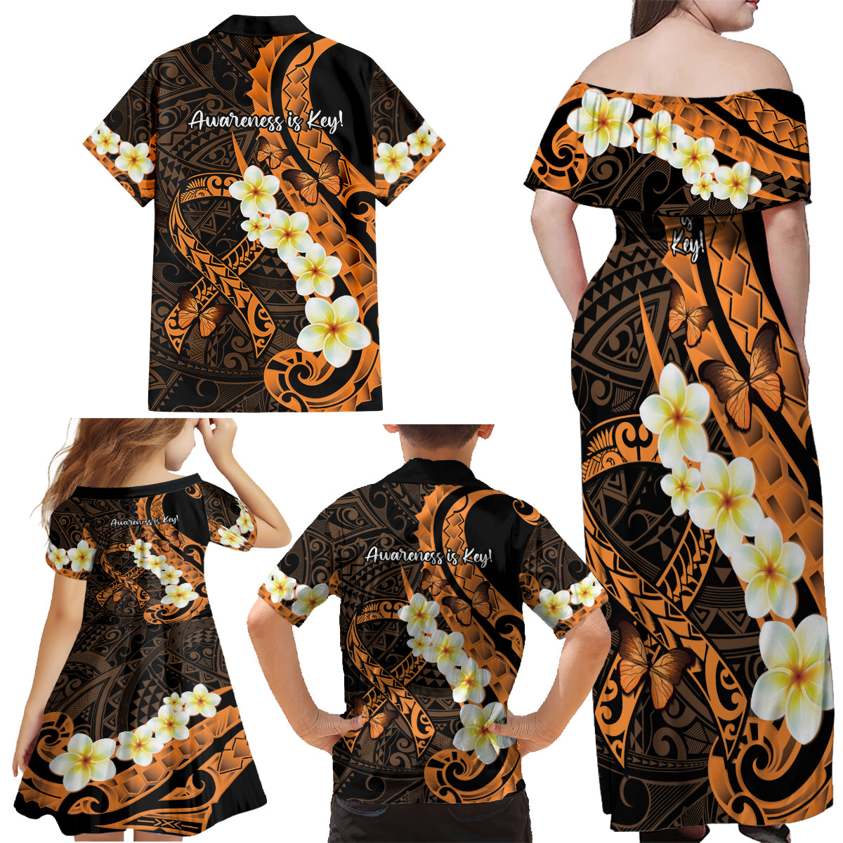 Liver Cancer Awareness Month Family Matching Off Shoulder Maxi Dress and Hawaiian Shirt Awareness Is Key Orange Polynesian Ribbon LT14 - Polynesian Pride