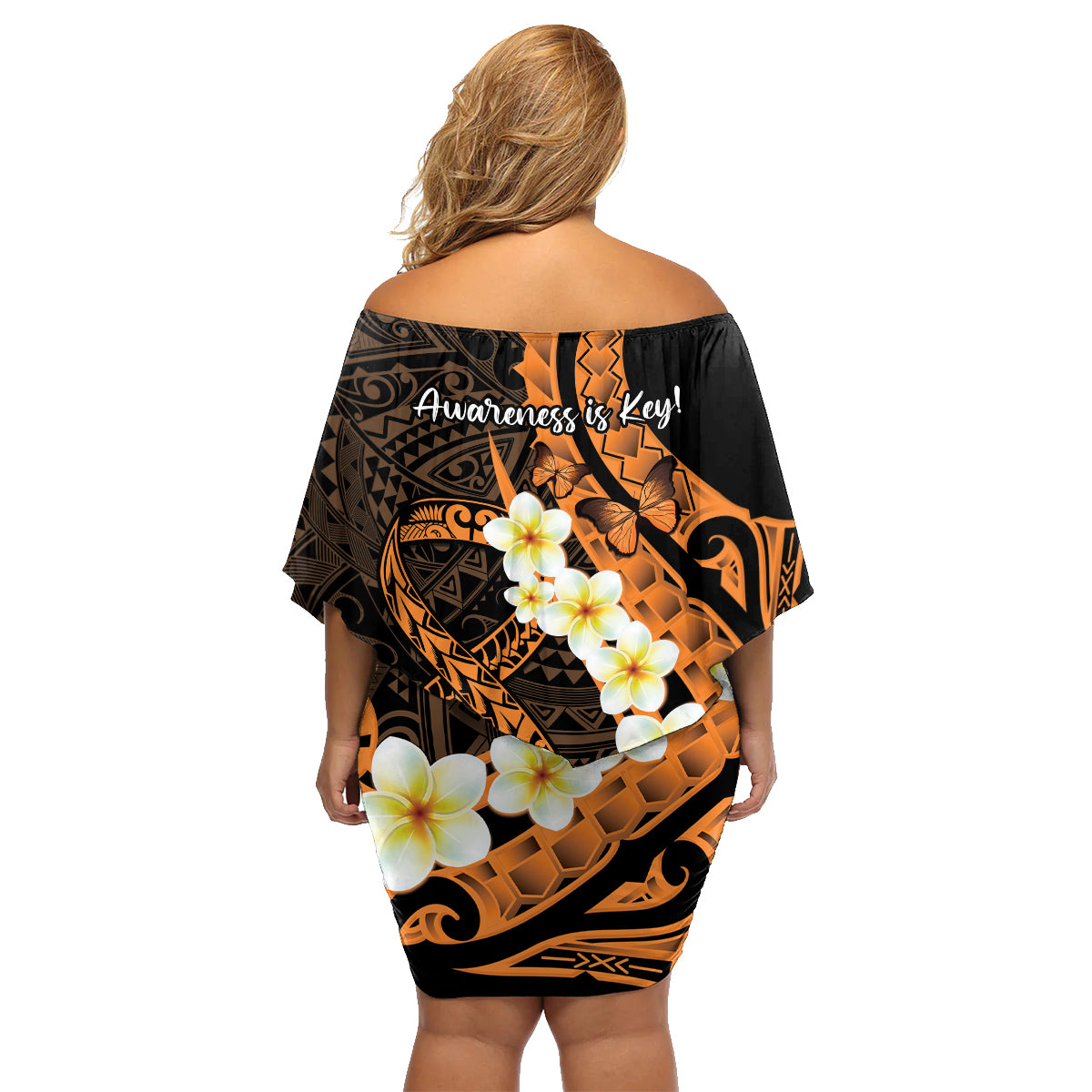 Liver Cancer Awareness Month Family Matching Off Shoulder Short Dress and Hawaiian Shirt Awareness Is Key Orange Polynesian Ribbon LT14 - Polynesian Pride