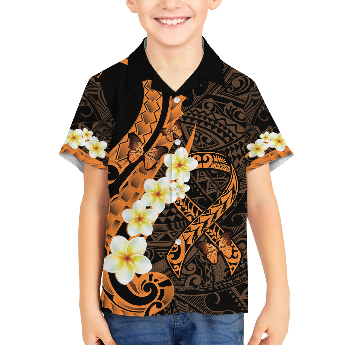 Liver Cancer Awareness Month Family Matching Off Shoulder Short Dress and Hawaiian Shirt Awareness Is Key Orange Polynesian Ribbon LT14 Son's Shirt Orange - Polynesian Pride