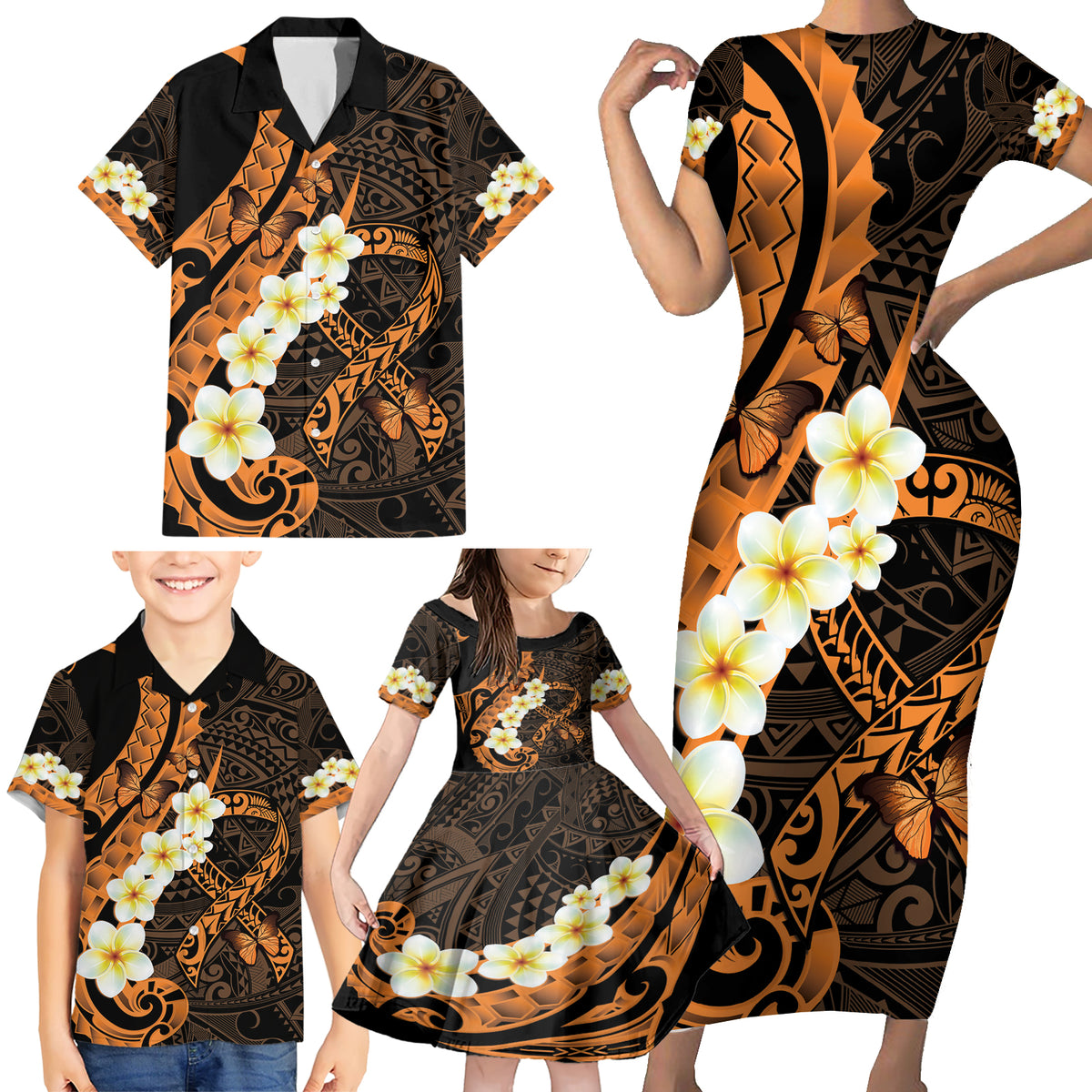Liver Cancer Awareness Month Family Matching Short Sleeve Bodycon Dress and Hawaiian Shirt Awareness Is Key Orange Polynesian Ribbon LT14 - Polynesian Pride