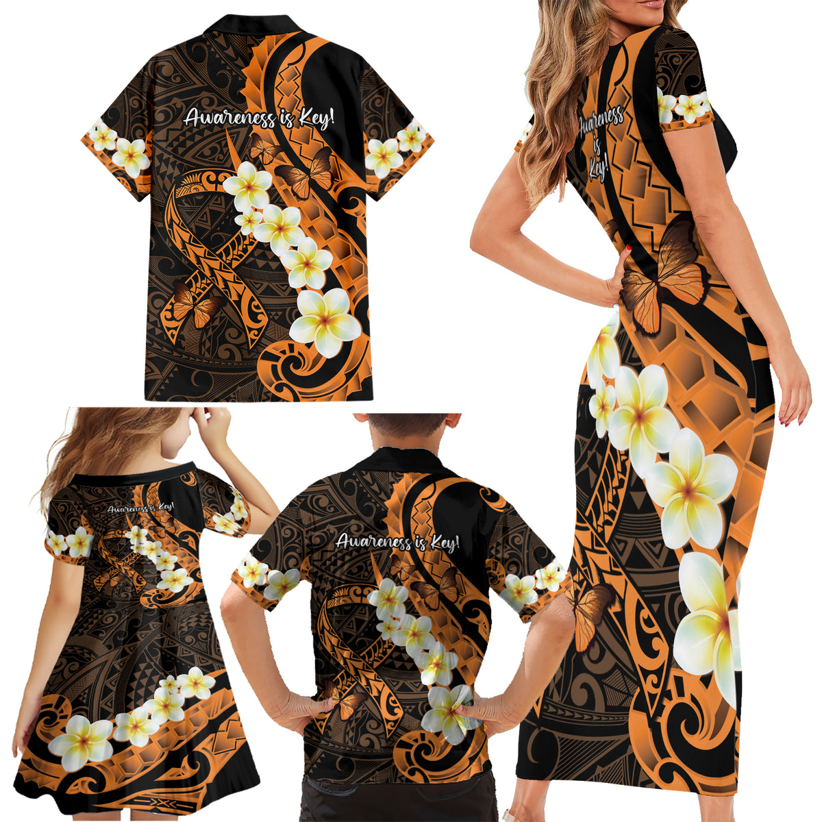 Liver Cancer Awareness Month Family Matching Short Sleeve Bodycon Dress and Hawaiian Shirt Awareness Is Key Orange Polynesian Ribbon LT14 - Polynesian Pride