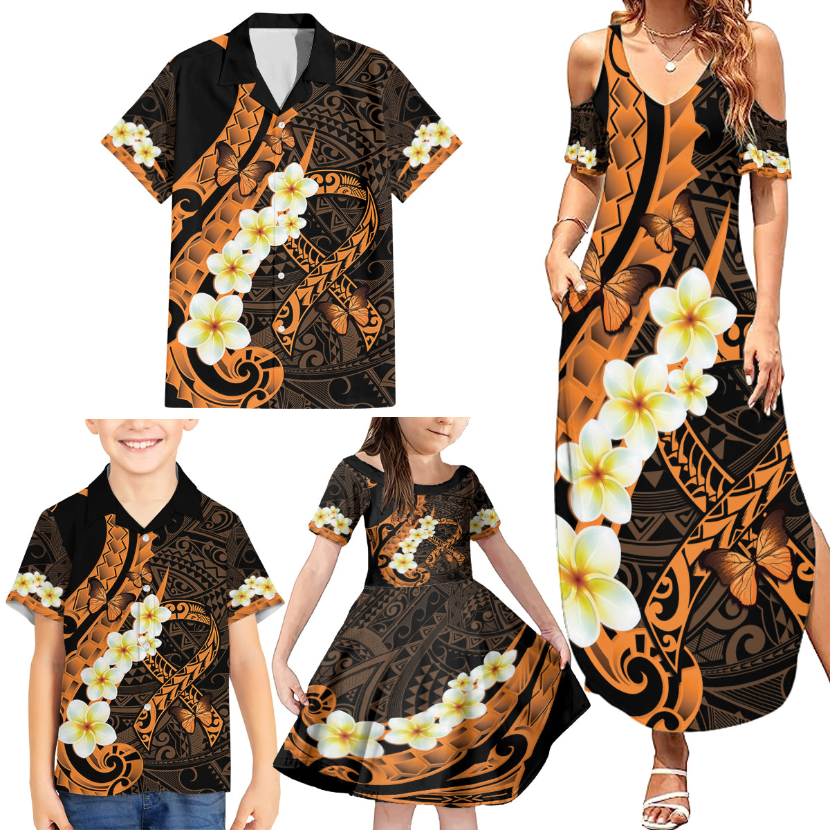 Liver Cancer Awareness Month Family Matching Summer Maxi Dress and Hawaiian Shirt Awareness Is Key Orange Polynesian Ribbon LT14 - Polynesian Pride