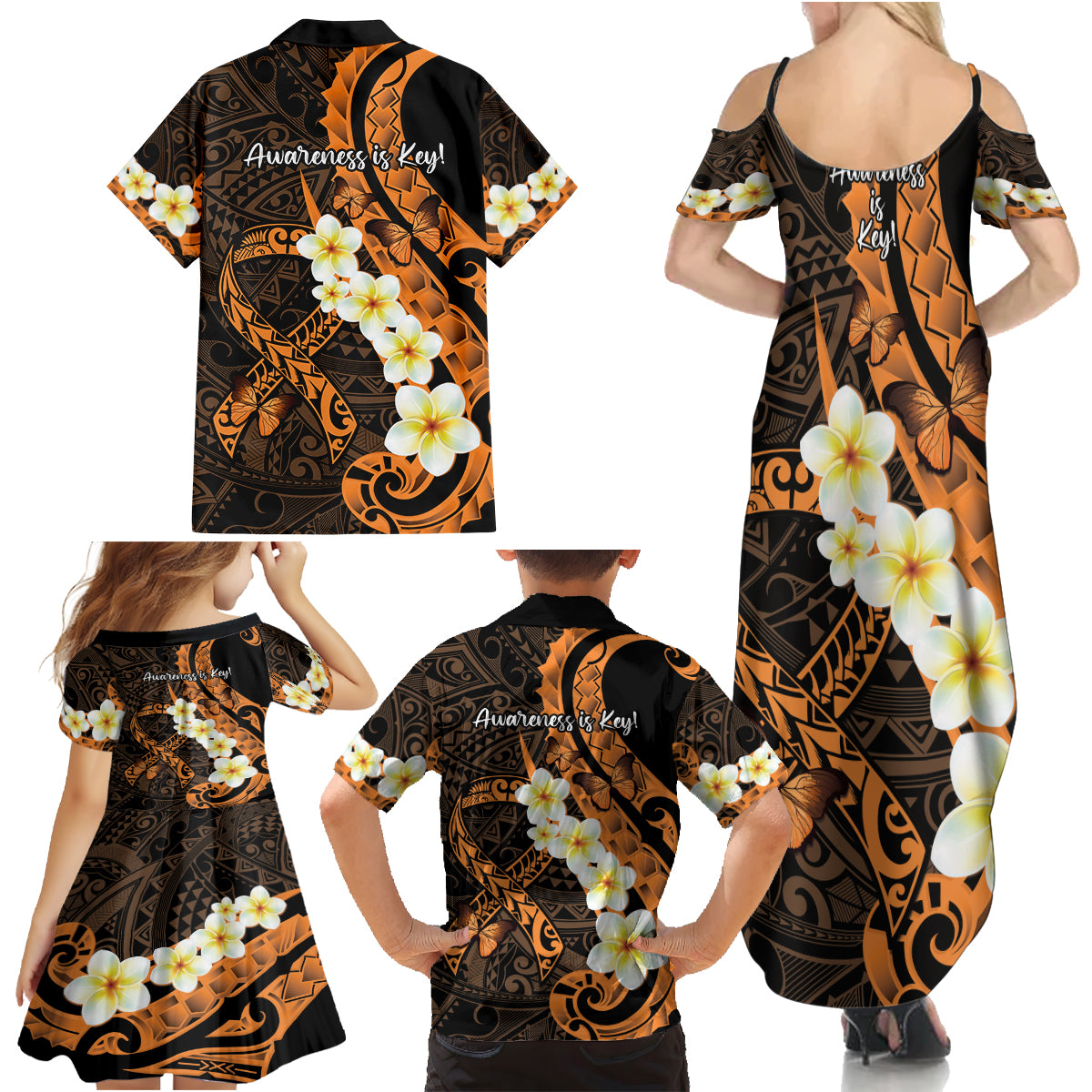 Liver Cancer Awareness Month Family Matching Summer Maxi Dress and Hawaiian Shirt Awareness Is Key Orange Polynesian Ribbon LT14 - Polynesian Pride