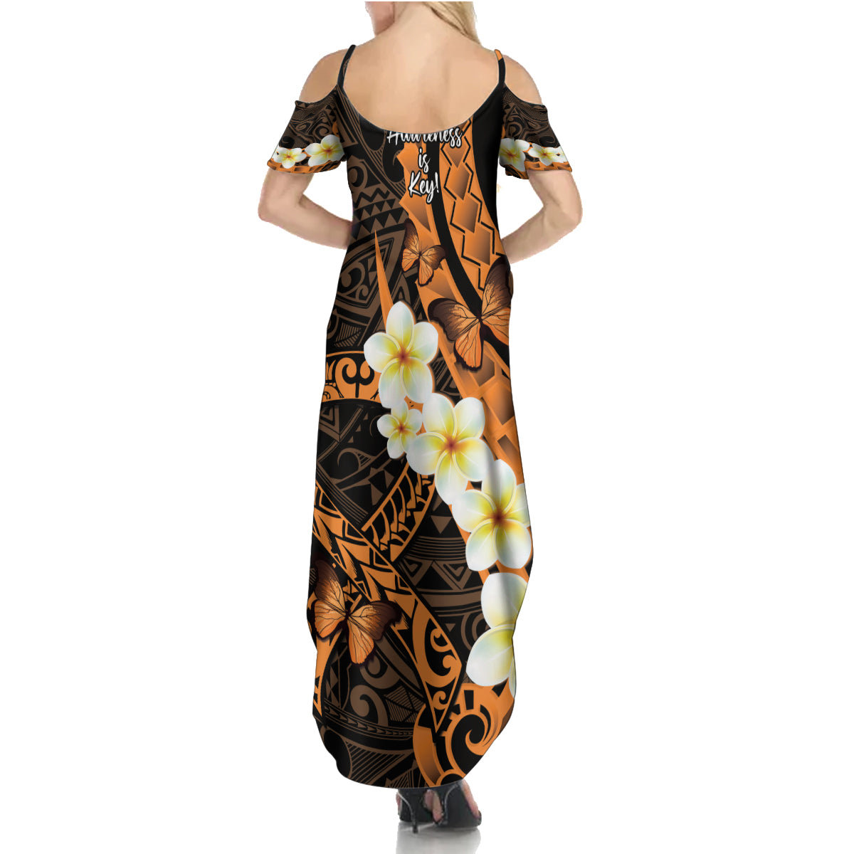 Liver Cancer Awareness Month Family Matching Summer Maxi Dress and Hawaiian Shirt Awareness Is Key Orange Polynesian Ribbon LT14 - Polynesian Pride