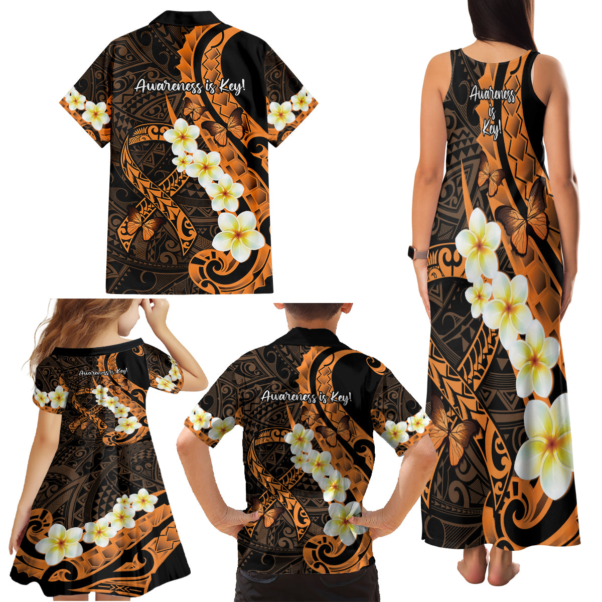 Liver Cancer Awareness Month Family Matching Tank Maxi Dress and Hawaiian Shirt Awareness Is Key Orange Polynesian Ribbon LT14 - Polynesian Pride