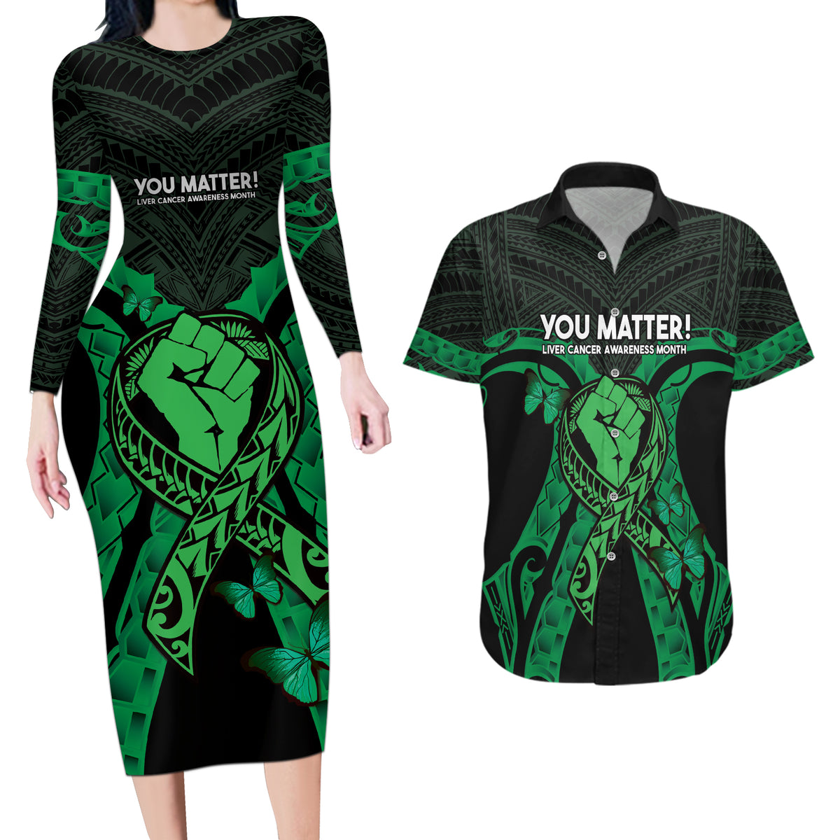 ADHD Awareness Month You Matter Couples Matching Long Sleeve Bodycon Dress and Hawaiian Shirt Green Polynesian Ribbon LT14 Green - Polynesian Pride