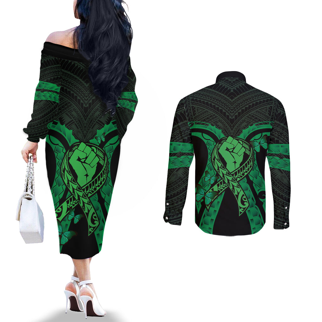 ADHD Awareness Month You Matter Couples Matching Off The Shoulder Long Sleeve Dress and Long Sleeve Button Shirt Green Polynesian Ribbon