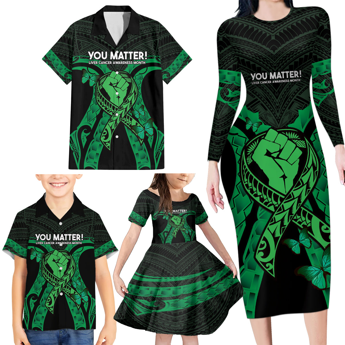 ADHD Awareness Month You Matter Family Matching Long Sleeve Bodycon Dress and Hawaiian Shirt Green Polynesian Ribbon LT14 - Polynesian Pride