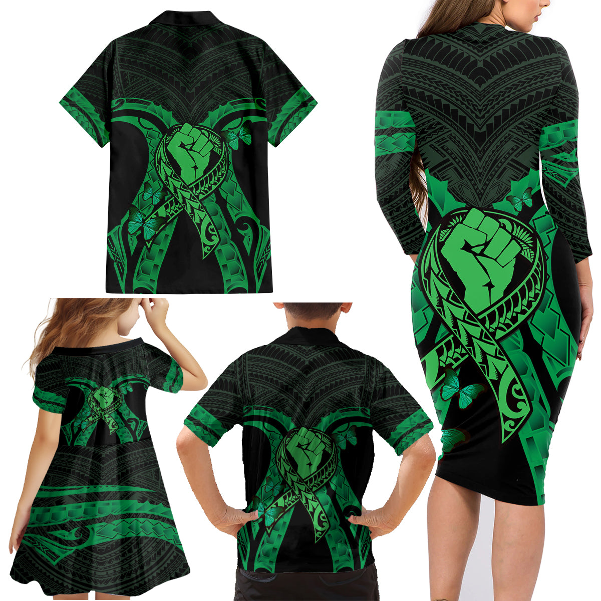 ADHD Awareness Month You Matter Family Matching Long Sleeve Bodycon Dress and Hawaiian Shirt Green Polynesian Ribbon LT14 - Polynesian Pride