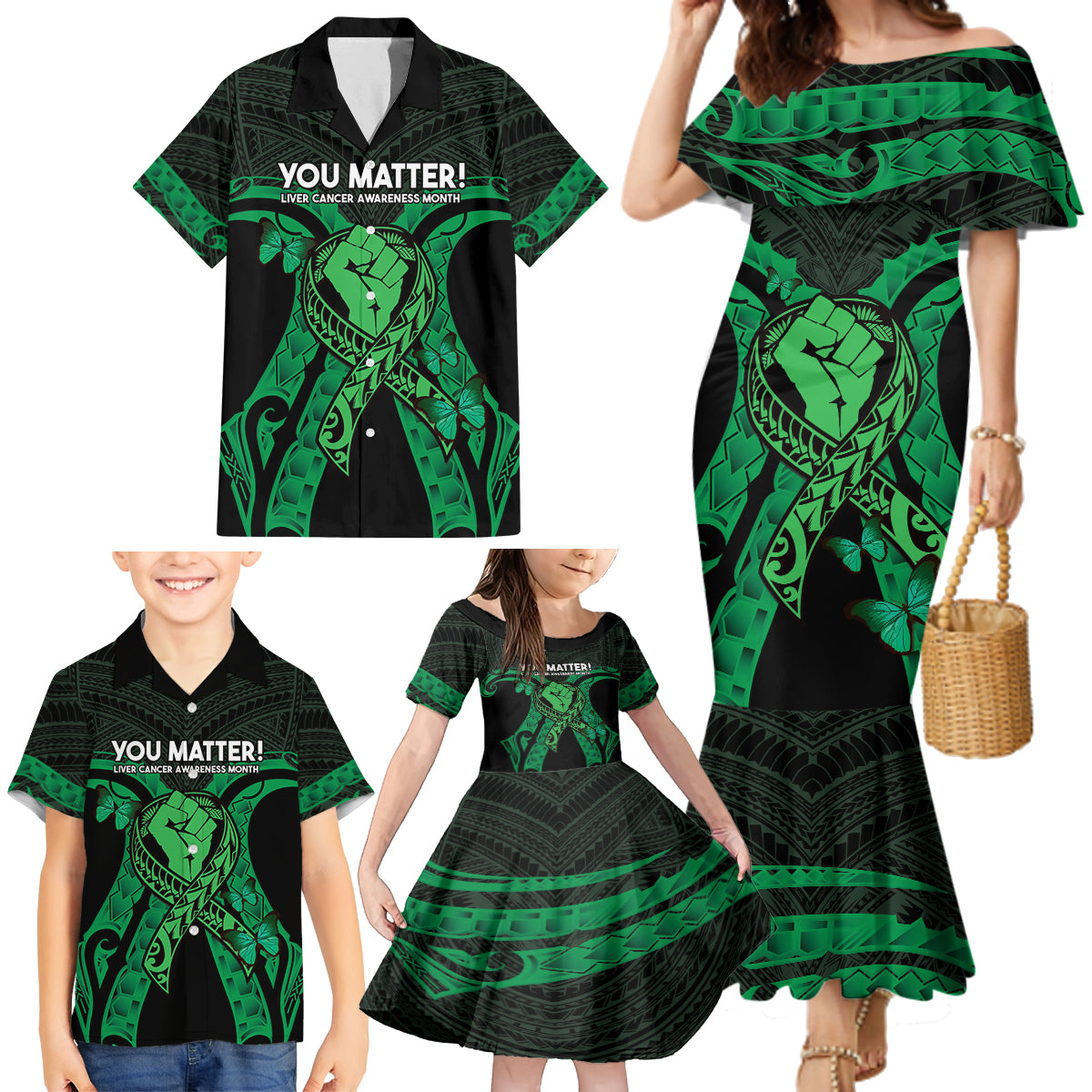 ADHD Awareness Month You Matter Family Matching Mermaid Dress and Hawaiian Shirt Green Polynesian Ribbon LT14 - Polynesian Pride