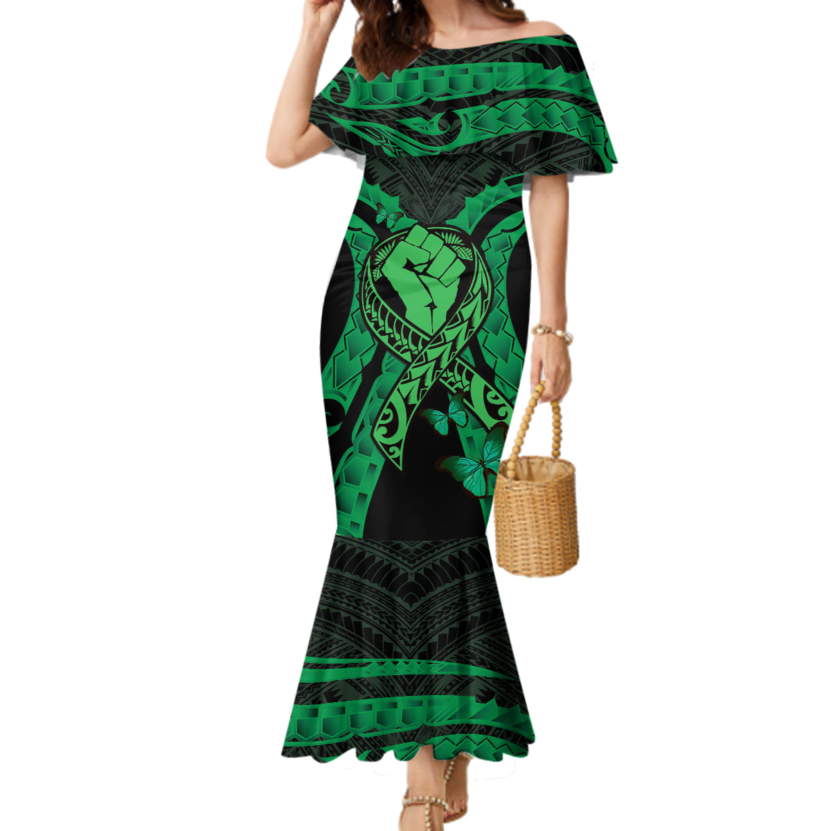 ADHD Awareness Month You Matter Family Matching Mermaid Dress and Hawaiian Shirt Green Polynesian Ribbon LT14 Mom's Dress Green - Polynesian Pride