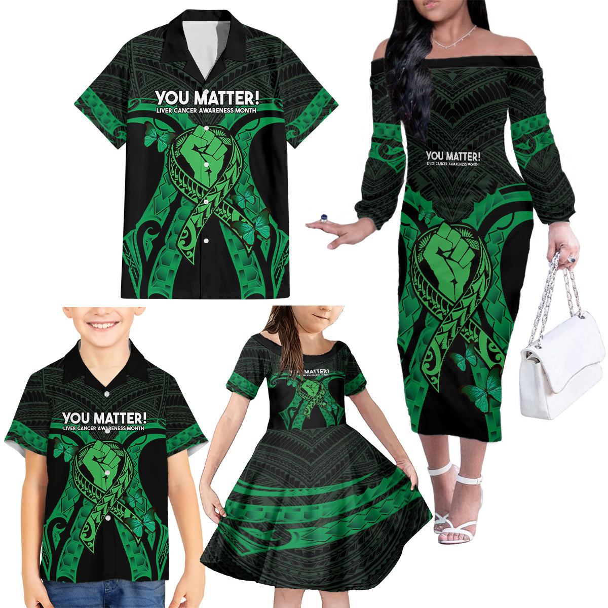 ADHD Awareness Month You Matter Family Matching Off The Shoulder Long Sleeve Dress and Hawaiian Shirt Green Polynesian Ribbon LT14 - Polynesian Pride
