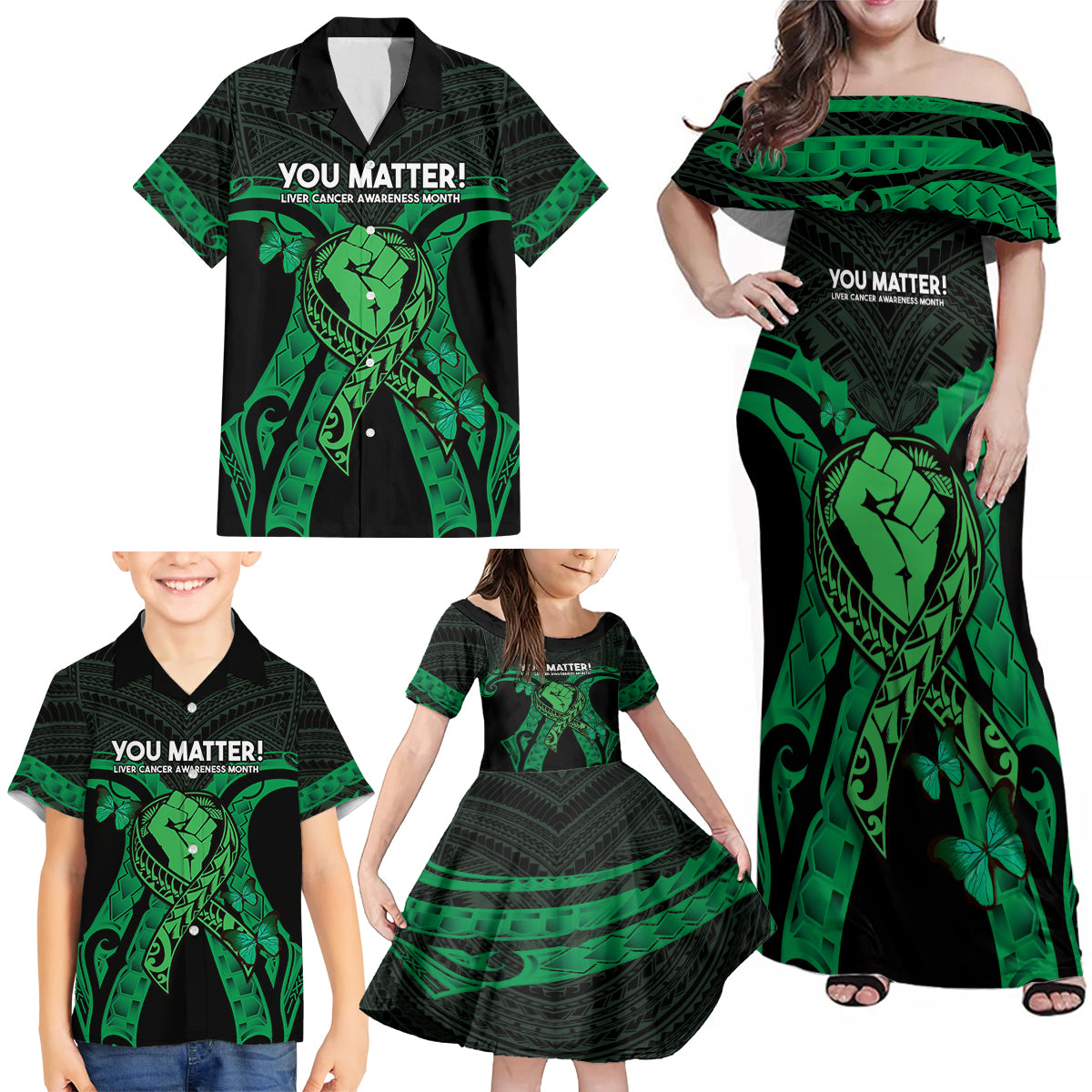 ADHD Awareness Month You Matter Family Matching Off Shoulder Maxi Dress and Hawaiian Shirt Green Polynesian Ribbon LT14 - Polynesian Pride