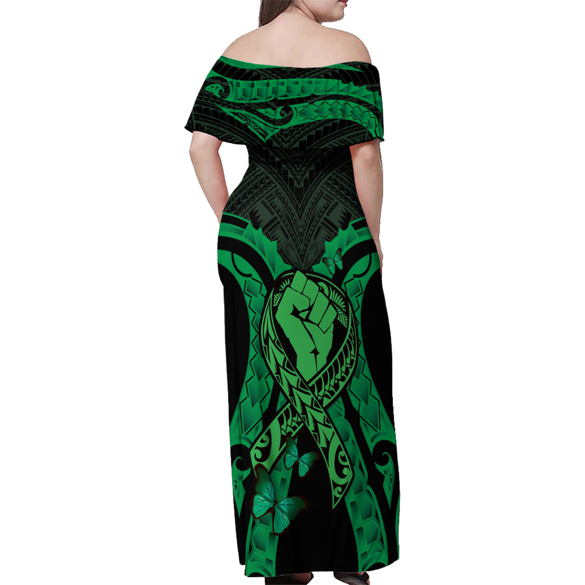 ADHD Awareness Month You Matter Family Matching Off Shoulder Maxi Dress and Hawaiian Shirt Green Polynesian Ribbon LT14 - Polynesian Pride