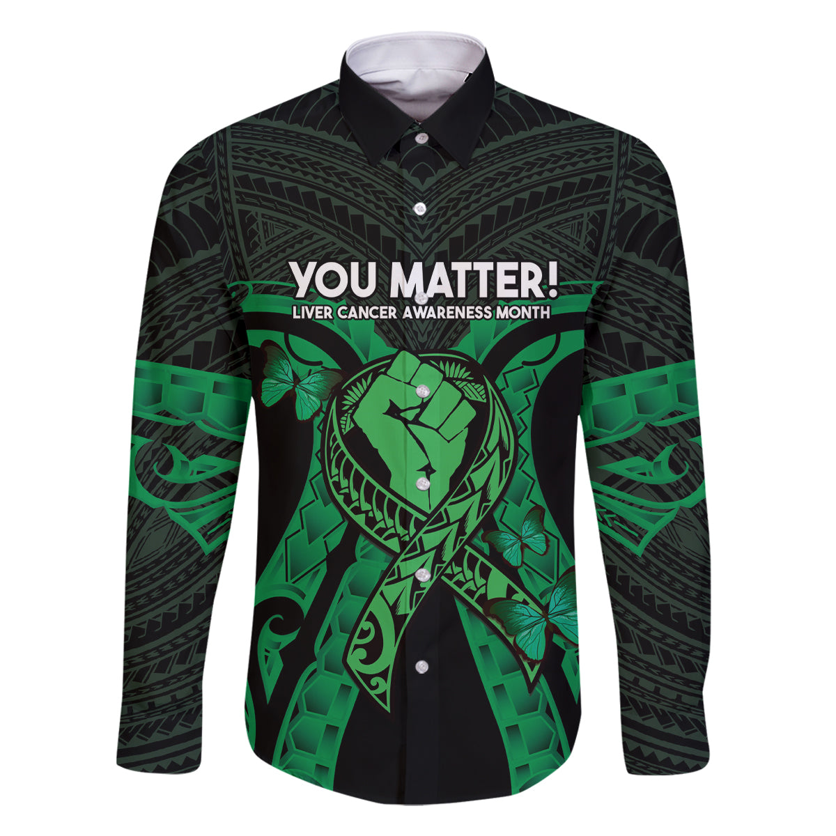 ADHD Awareness Month You Matter Family Matching Off Shoulder Short Dress and Hawaiian Shirt Green Polynesian Ribbon LT14 Dad's Shirt - Long Sleeve Green - Polynesian Pride