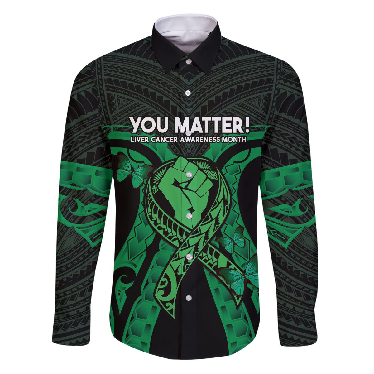 ADHD Awareness Month You Matter Family Matching Puletasi and Hawaiian Shirt Green Polynesian Ribbon LT14 Dad's Shirt - Long Sleeve Green - Polynesian Pride
