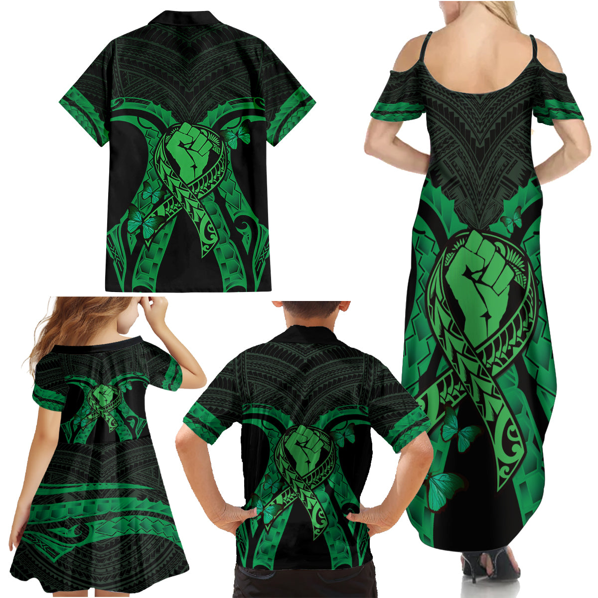 ADHD Awareness Month You Matter Family Matching Summer Maxi Dress and Hawaiian Shirt Green Polynesian Ribbon LT14 - Polynesian Pride