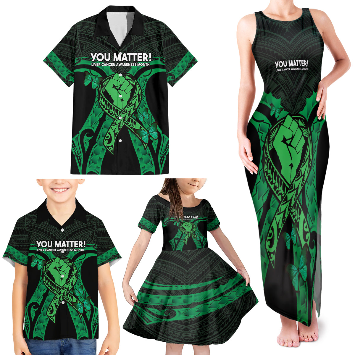 ADHD Awareness Month You Matter Family Matching Tank Maxi Dress and Hawaiian Shirt Green Polynesian Ribbon LT14 - Polynesian Pride