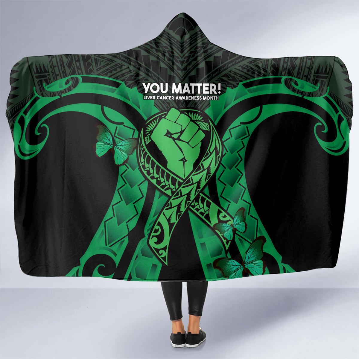 ADHD Awareness Month You Matter Hooded Blanket Green Polynesian Ribbon LT14 - Polynesian Pride
