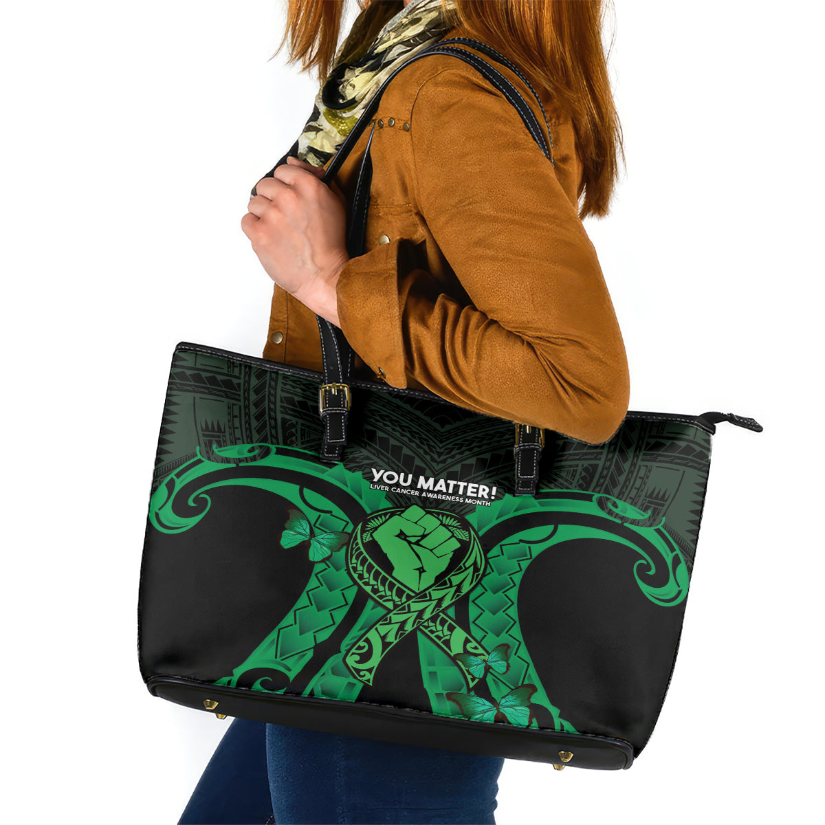 ADHD Awareness Month You Matter Leather Tote Bag Green Polynesian Ribbon LT14 Green - Polynesian Pride