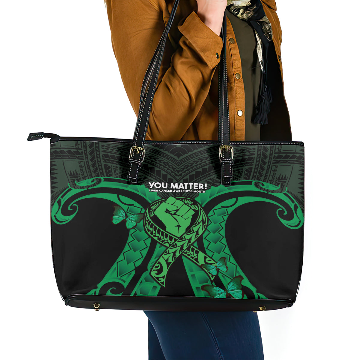 ADHD Awareness Month You Matter Leather Tote Bag Green Polynesian Ribbon LT14 - Polynesian Pride