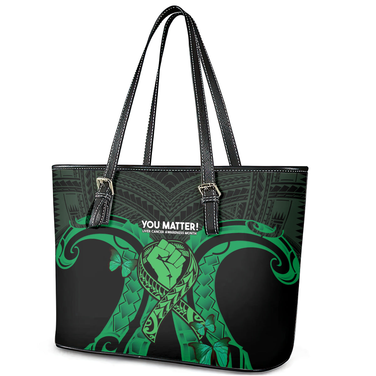 ADHD Awareness Month You Matter Leather Tote Bag Green Polynesian Ribbon LT14 - Polynesian Pride