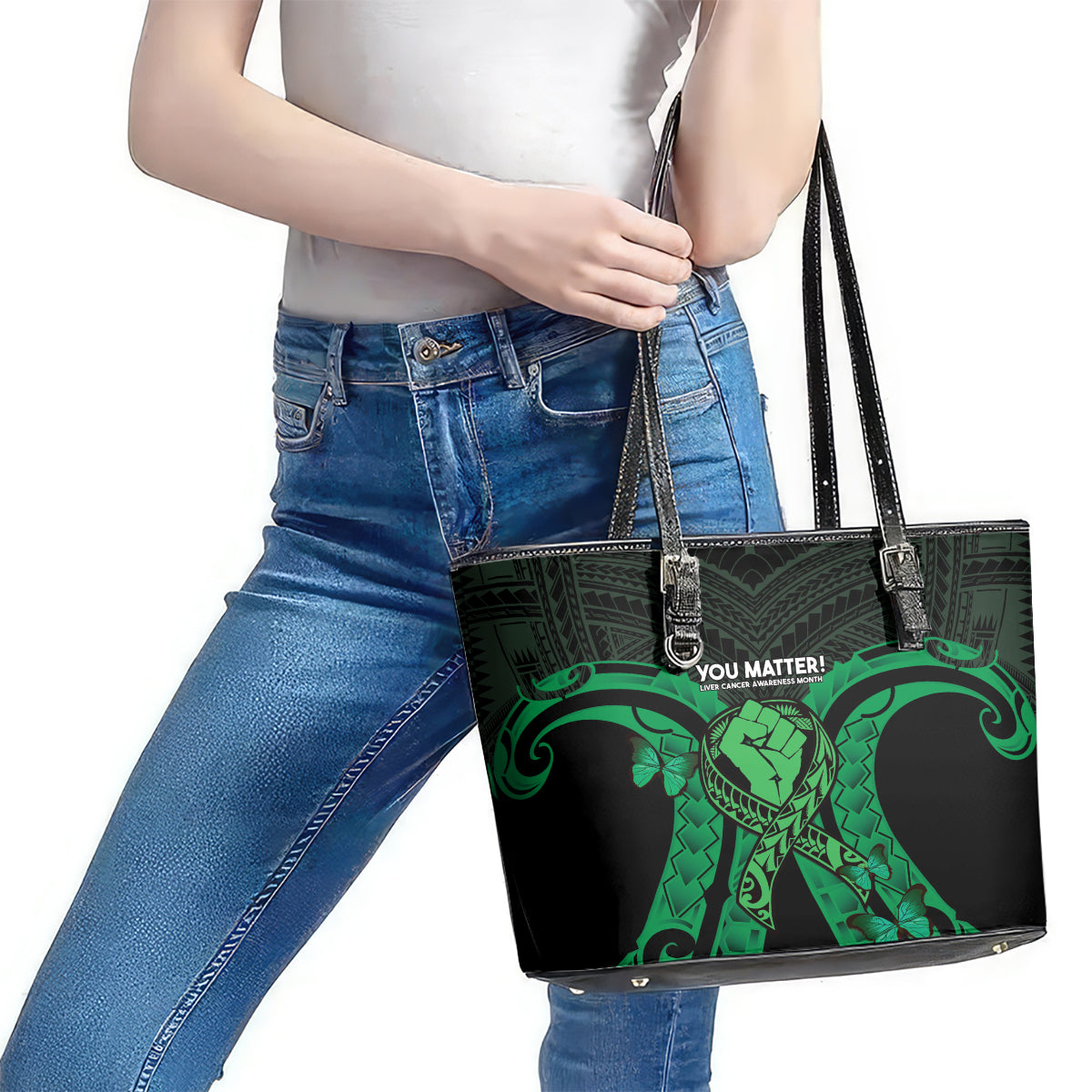 ADHD Awareness Month You Matter Leather Tote Bag Green Polynesian Ribbon LT14 - Polynesian Pride