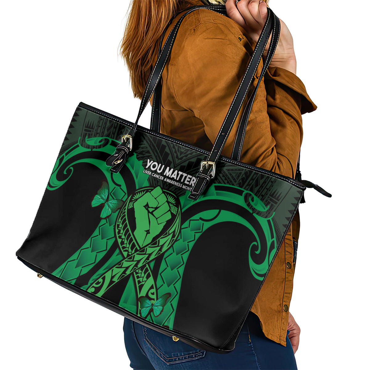 ADHD Awareness Month You Matter Leather Tote Bag Green Polynesian Ribbon LT14 - Polynesian Pride
