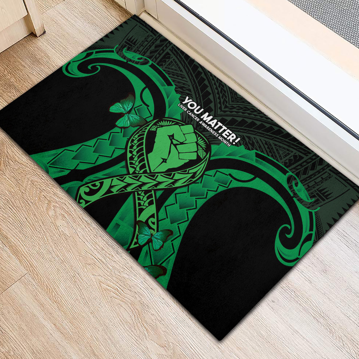 ADHD Awareness Month You Matter Rubber Doormat Green Polynesian Ribbon