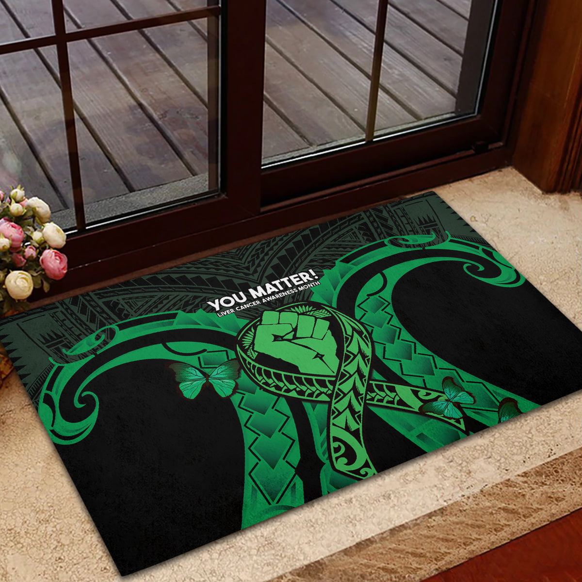 ADHD Awareness Month You Matter Rubber Doormat Green Polynesian Ribbon