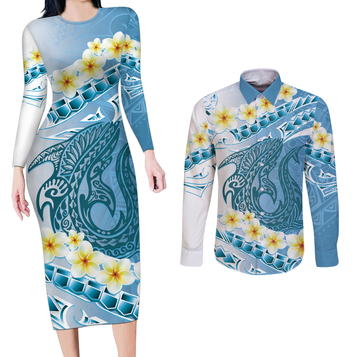 Blue Hawaii Shark Tattoo Couples Matching Long Sleeve Bodycon Dress and Long Sleeve Button Shirt Frangipani With Polynesian Pastel Version