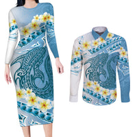 Blue Hawaii Shark Tattoo Couples Matching Long Sleeve Bodycon Dress and Long Sleeve Button Shirt Frangipani With Polynesian Pastel Version