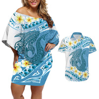 Blue Hawaii Shark Tattoo Couples Matching Off Shoulder Short Dress and Hawaiian Shirt Frangipani With Polynesian Pastel Version