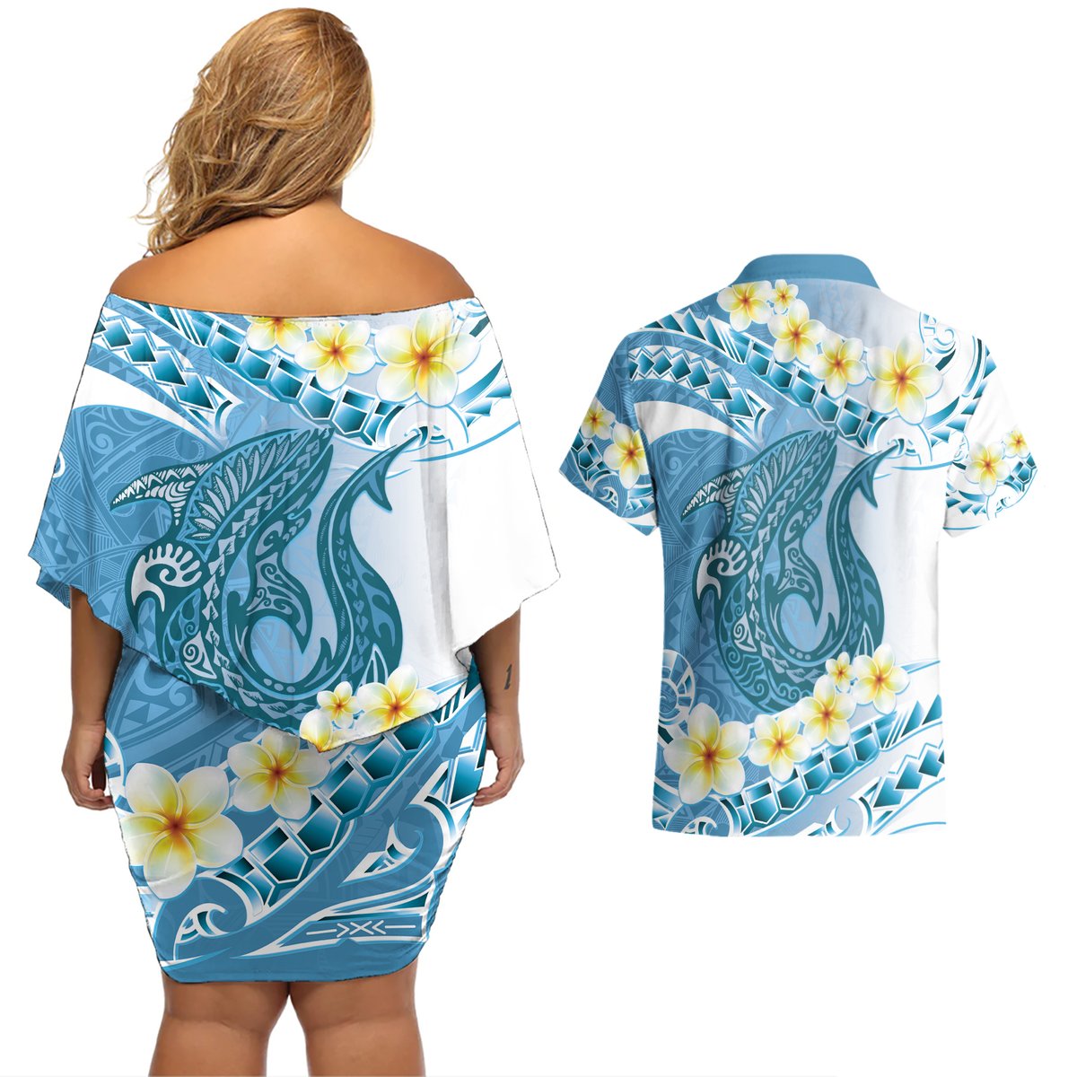 Blue Hawaii Shark Tattoo Couples Matching Off Shoulder Short Dress and Hawaiian Shirt Frangipani With Polynesian Pastel Version