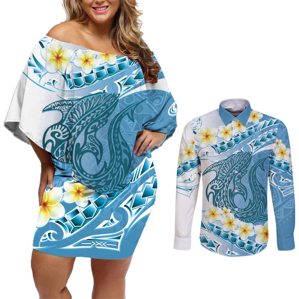 Blue Hawaii Shark Tattoo Couples Matching Off Shoulder Short Dress and Long Sleeve Button Shirt Frangipani With Polynesian Pastel Version