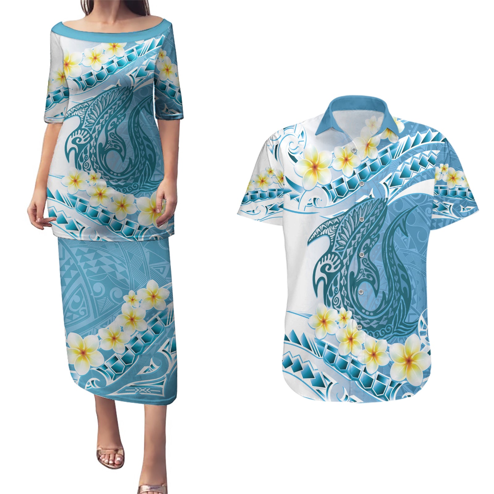 Blue Hawaii Shark Tattoo Couples Matching Puletasi and Hawaiian Shirt Frangipani With Polynesian Pastel Version