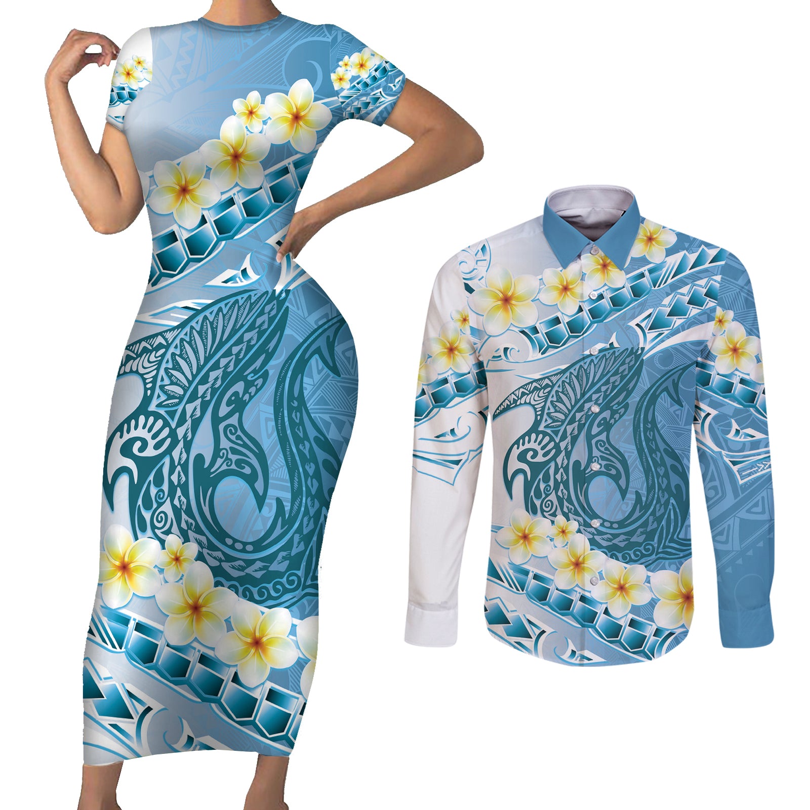 Blue Hawaii Shark Tattoo Couples Matching Short Sleeve Bodycon Dress and Long Sleeve Button Shirt Frangipani With Polynesian Pastel Version