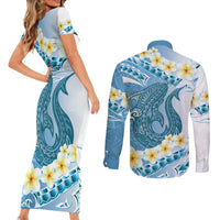 Blue Hawaii Shark Tattoo Couples Matching Short Sleeve Bodycon Dress and Long Sleeve Button Shirt Frangipani With Polynesian Pastel Version