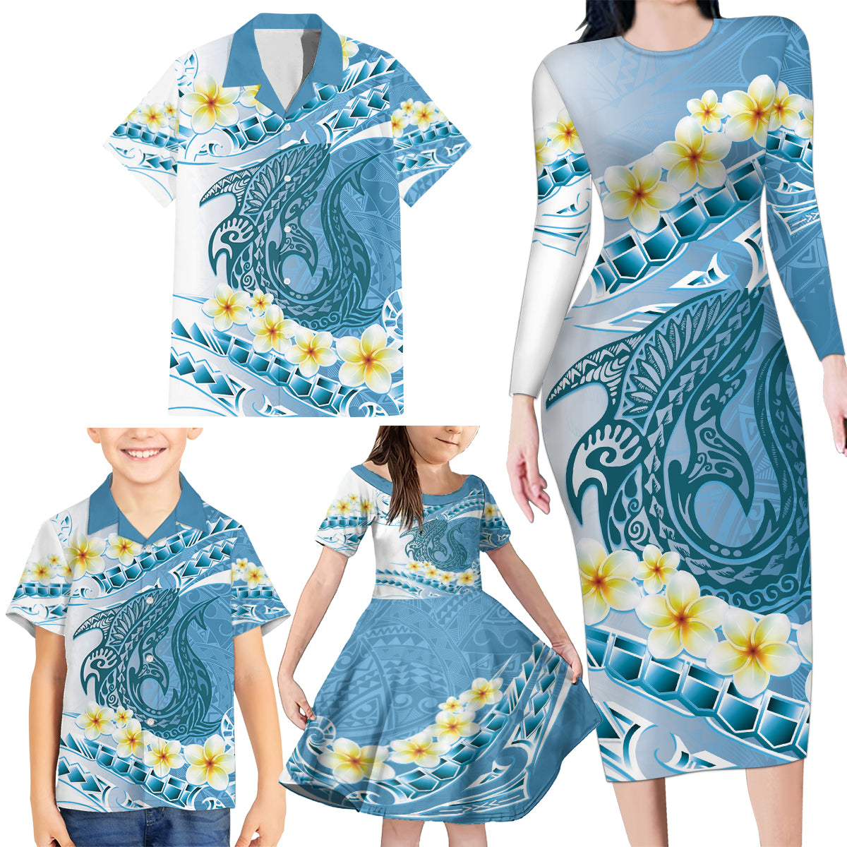 Blue Hawaii Shark Tattoo Family Matching Long Sleeve Bodycon Dress and Hawaiian Shirt Frangipani With Polynesian Pastel Version LT14 - Polynesian Pride